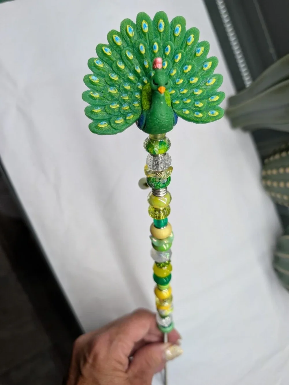 Hand Made Beaded Fairy Wand/Plant/Garden Stake W/Green Peacock Topper 🦚